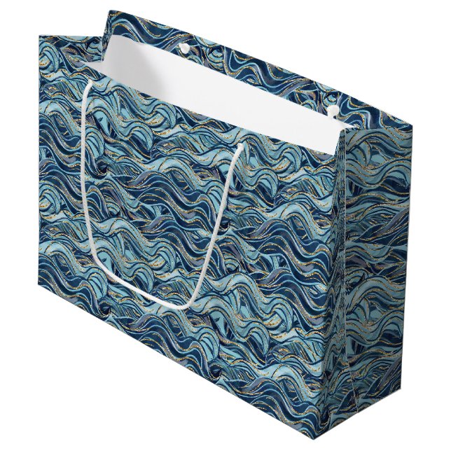 Elegant Blue Wave Pattern with Gold Accents Large Gift Bag (Front Angled)