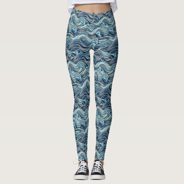 Elegant Blue Wave Pattern with Gold Accents Leggings (Front)