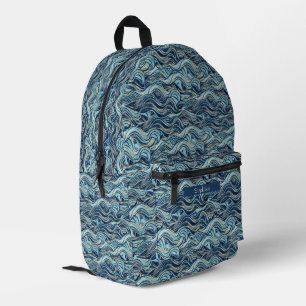 Elegant Blue Wave Pattern with Gold Accents Printed Backpack