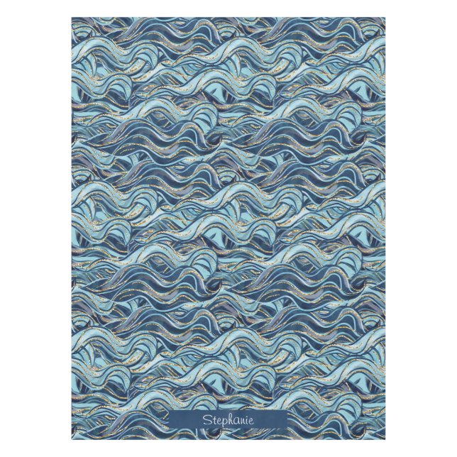 Elegant Blue Wave Pattern with Gold Accents Tablecloth (Front)
