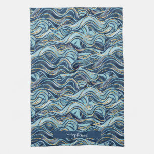Elegant Blue Wave Pattern with Gold Accents Tea Towel