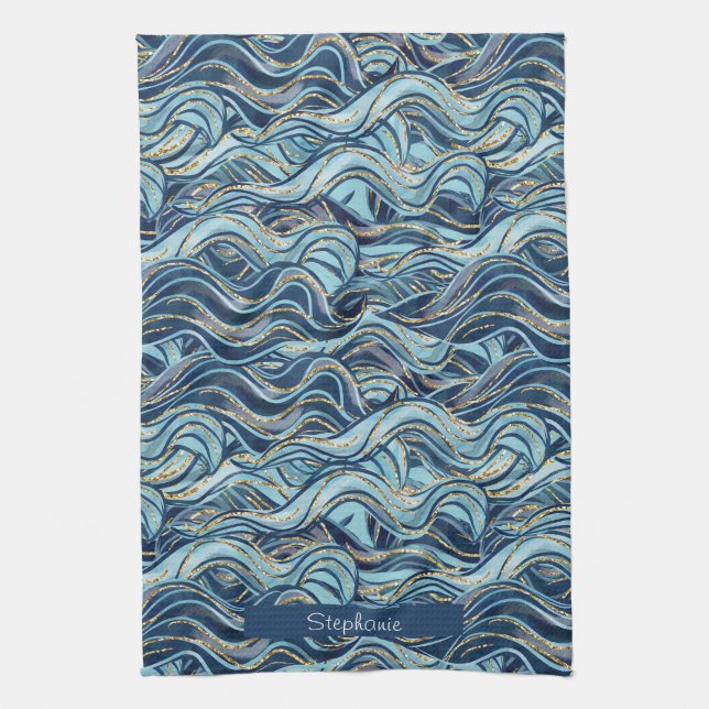 Elegant Blue Wave Pattern with Gold Accents Tea Towel (Vertical)