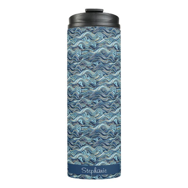 Elegant Blue Wave Pattern with Gold Accents Thermal Tumbler (Front)