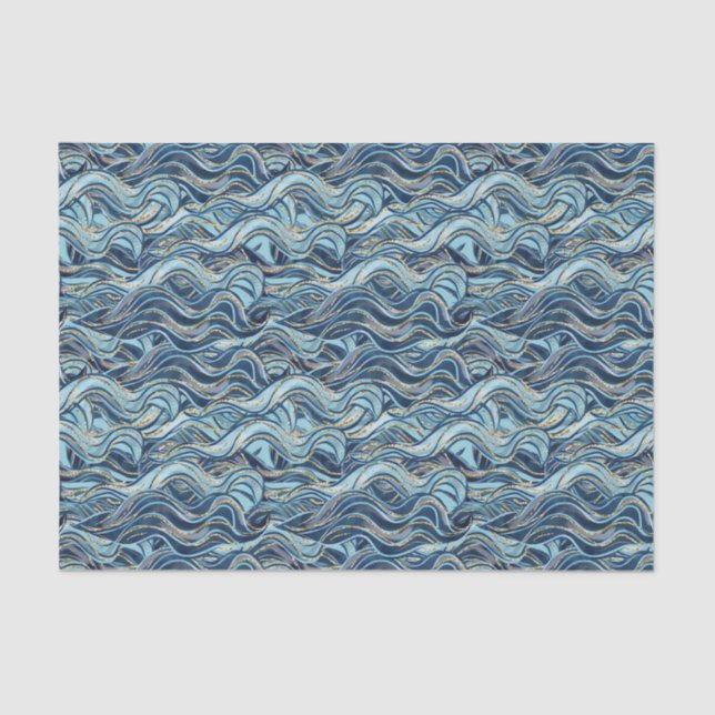 Elegant Blue Wave Pattern with Gold Accents Tissue Paper (Front)