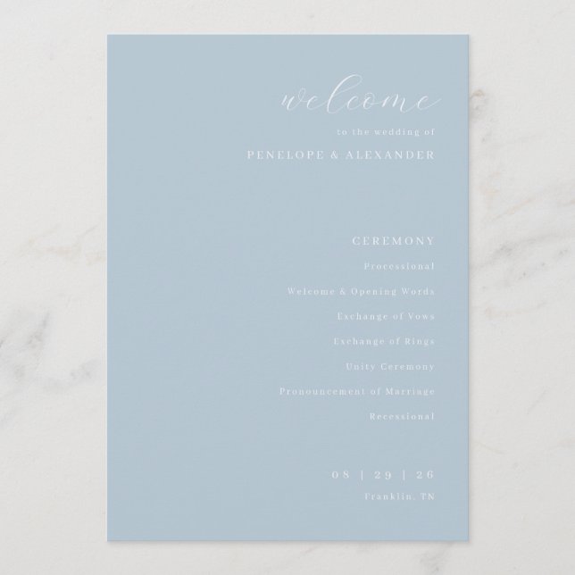 Elegant Blue Wedding Ceremony Programme (Front)