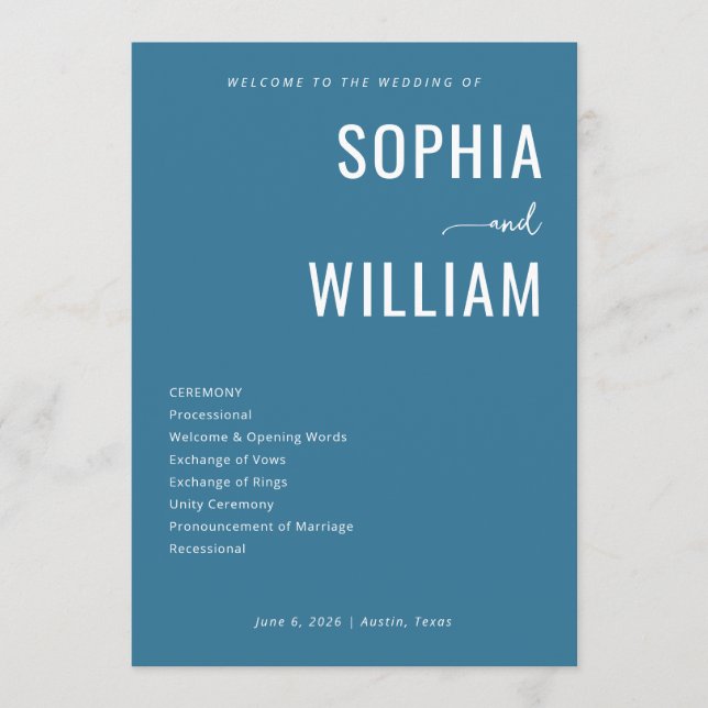 Elegant Blue Wedding Ceremony Programme (Front)