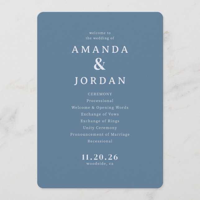 Elegant Blue Wedding Ceremony Schedule Programme (Front)