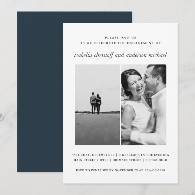 Elegant Blue Wedding Engagement Photo Invitation (Front/Back)