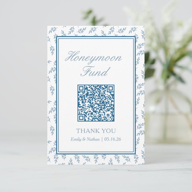 Elegant Blue Wedding Honeymoon Fund QR Code Card (Standing Front)