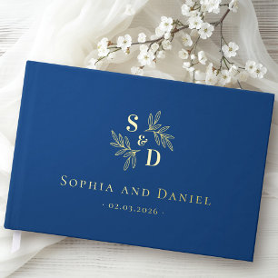 Elegant blue wedding monogram greenery leaves real guest book