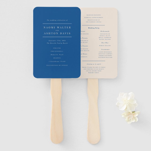 Elegant Blue Wedding Program Hand Fan (Front and Back)
