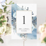 Elegant Blue Wedding Reception Table Number<br><div class="desc">Help your guests find their table with this elegant table number with delicate blue watercolor stains and exquisite floral details. Double sided cards. Clear space all around giving you the liberty to use use table holder or frame. Ability to personalise with your own wedding or event details using template text...</div>