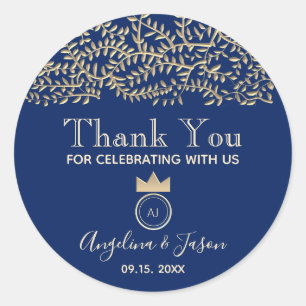 Elegant Blue Wedding Thank You Favour Classic Round Sticker