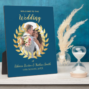 Elegant Blue Wedding Welcome Custom Photo Sign Plaque