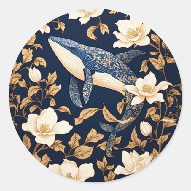 Elegant Blue Whale William Morris Inspired Floral Classic Round Sticker (Front)