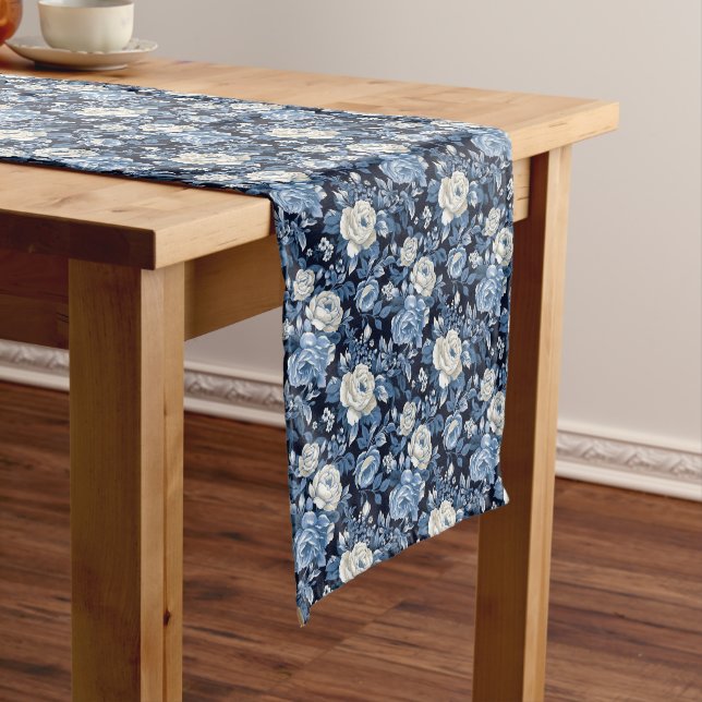 Elegant Blue while roses tiled Wedding Short Table Runner (In Situ)