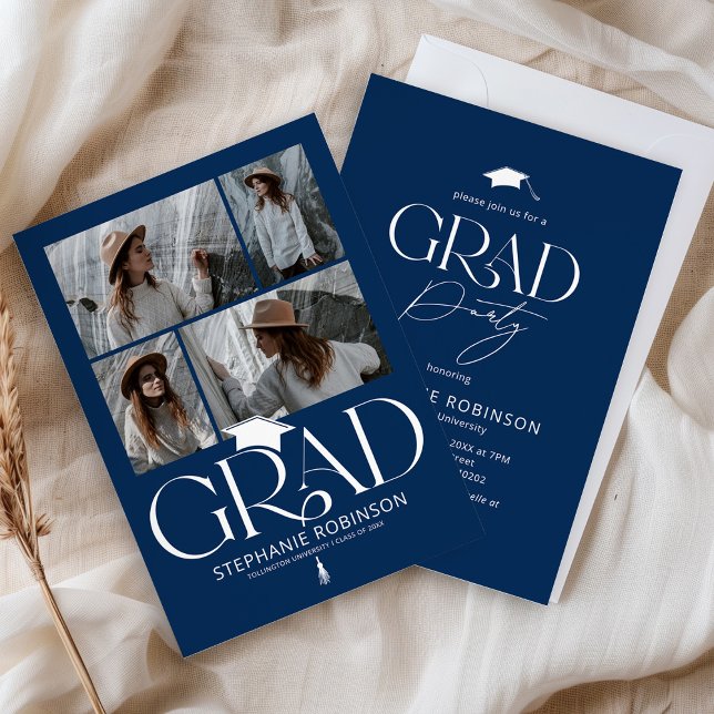 Elegant Blue & White 4 Photo Graduation Party Invitation (Creator Uploaded)