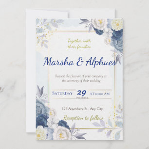 Elegant Blue, White, and Gold Floral Wedding Invit Invitation