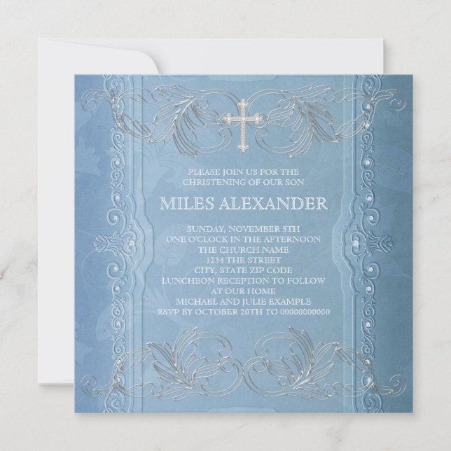 Elegant Blue White Baby Boy Christening Invitation (Front)