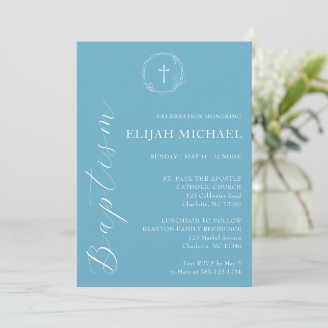Elegant Blue White Baptism Cross Wreath Invitation (Standing Front)