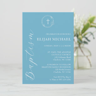 Elegant Blue White Baptism Cross Wreath Invitation