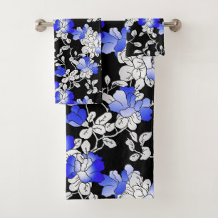 Elegant Blue White Black Floral Pattern Bath Towel Set