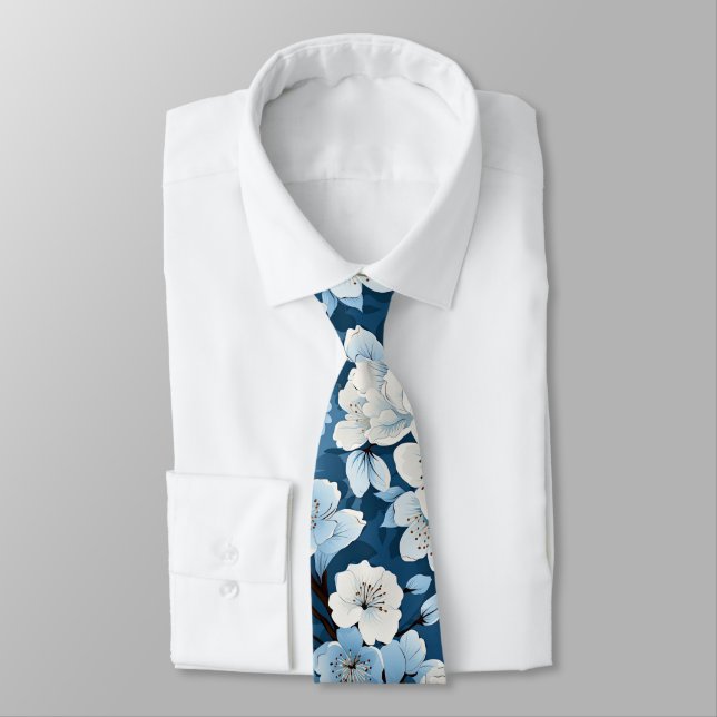 Elegant Blue White Blossom Work Wedding Neck Tie (Tied)