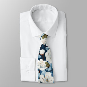 Elegant Blue White Blossom Work Wedding Neck Tie