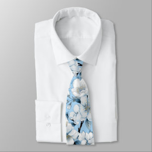 Elegant Blue White Blossom Work Wedding Neck Tie