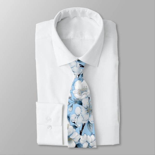Elegant Blue White Blossom Work Wedding Neck Tie (Tied)