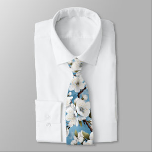 Elegant Blue White Blossom Work Wedding Neck Tie