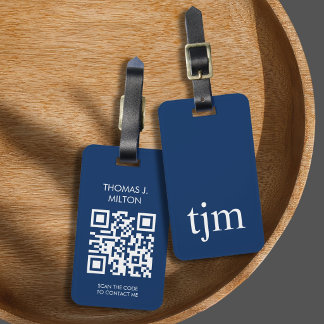 Elegant Blue White Bold Monogram QR Code Luggage Tag