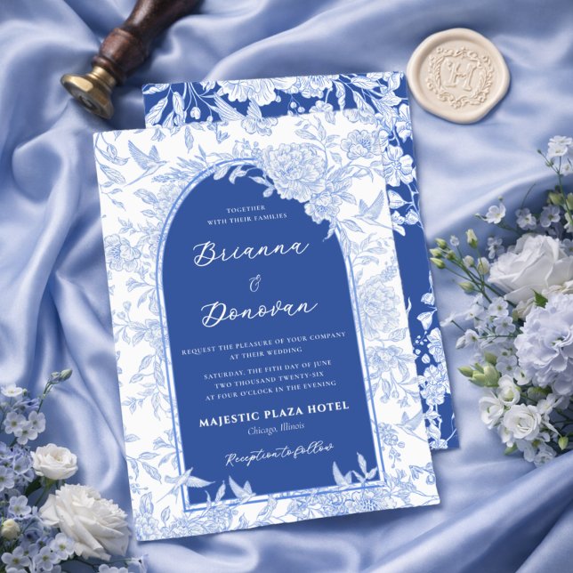 Elegant Blue & White Botanical Bird Wedding Invitation (Creator Uploaded)