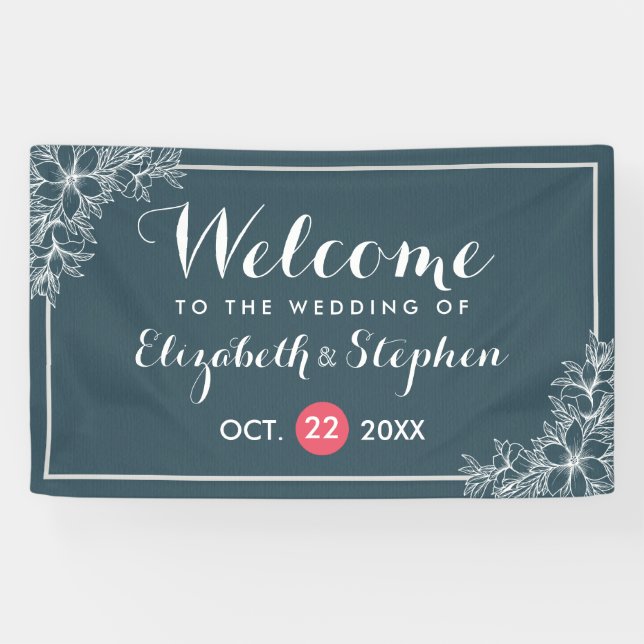 Elegant Blue White Botanical Floral Wedding Banner (Horizontal)