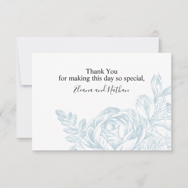 Elegant Blue White Botanical Floral Wedding  Thank You Card (Front)