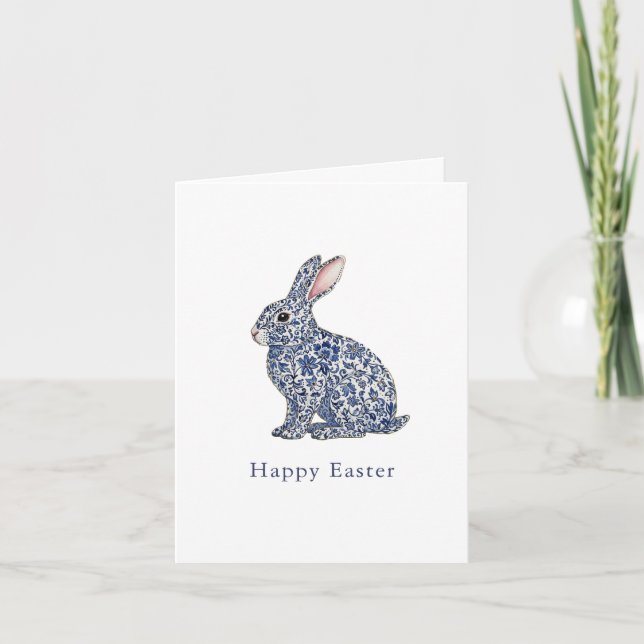 Elegant blue & white Bunny  Easter Greetings  Holiday Card (Front)