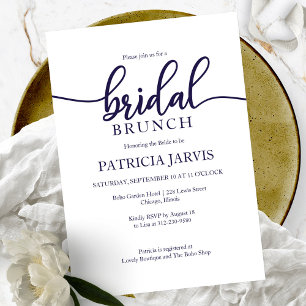 Elegant Blue White Calligraphy Bridal Brunch Invitation