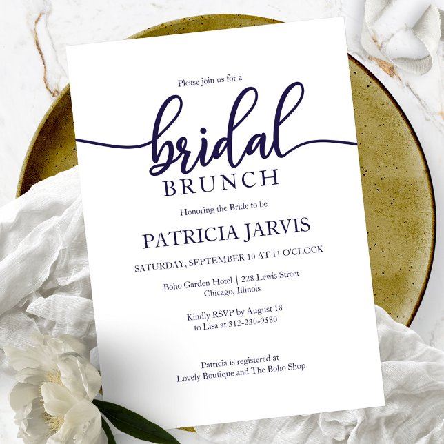 Elegant Blue White Calligraphy Bridal Brunch Invitation (Creator Uploaded)