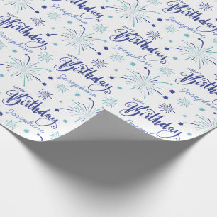 Elegant Blue White Calligraphy Fireworks Birthday  Wrapping Paper