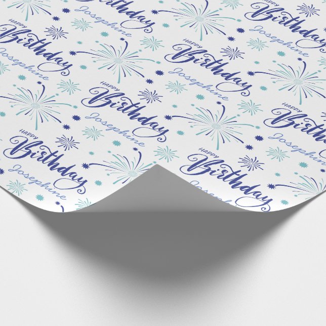 Elegant Blue White Calligraphy Fireworks Birthday  Wrapping Paper (Corner)