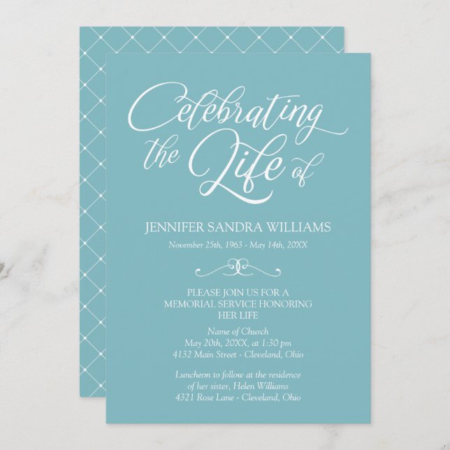 Elegant Blue & White Celebration of Life Invitation (Front/Back)