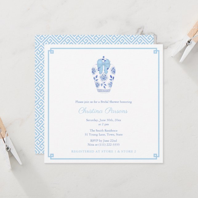 Elegant Blue White Chinoiserie Bridal Shower Party Invitation (Front/Back In Situ)