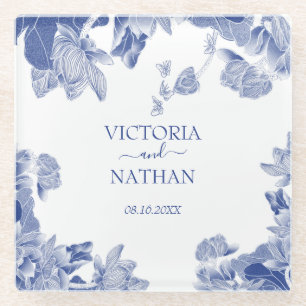 Elegant Blue White Chinoiserie Chic Floral Wedding Glass Coaster