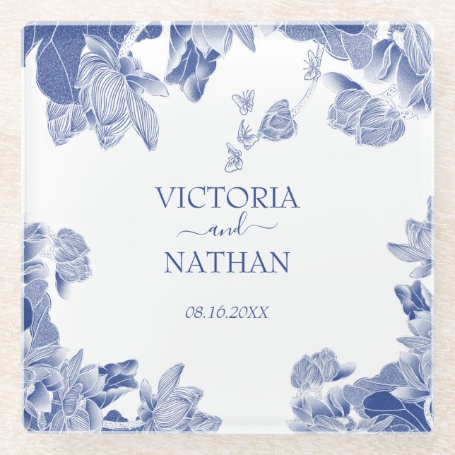 Elegant Blue White Chinoiserie Chic Floral Wedding Glass Coaster (Front)