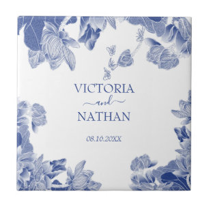 Elegant Blue White Chinoiserie Chic Floral Wedding Tile