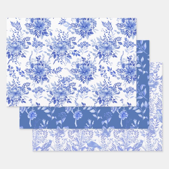 Elegant Blue White Chinoiserie Floral Porcelain Wrapping Paper Sheet (Set)