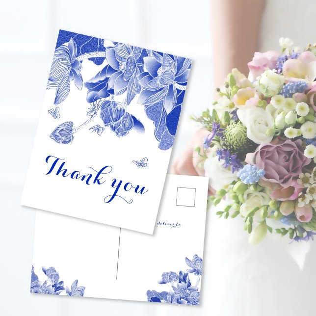 Elegant Blue White Chinoiserie Floral Thank You  Postcard (Creator Uploaded)