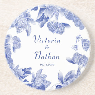 Elegant Blue White Chinoiserie Floral Wedding Coas Coaster