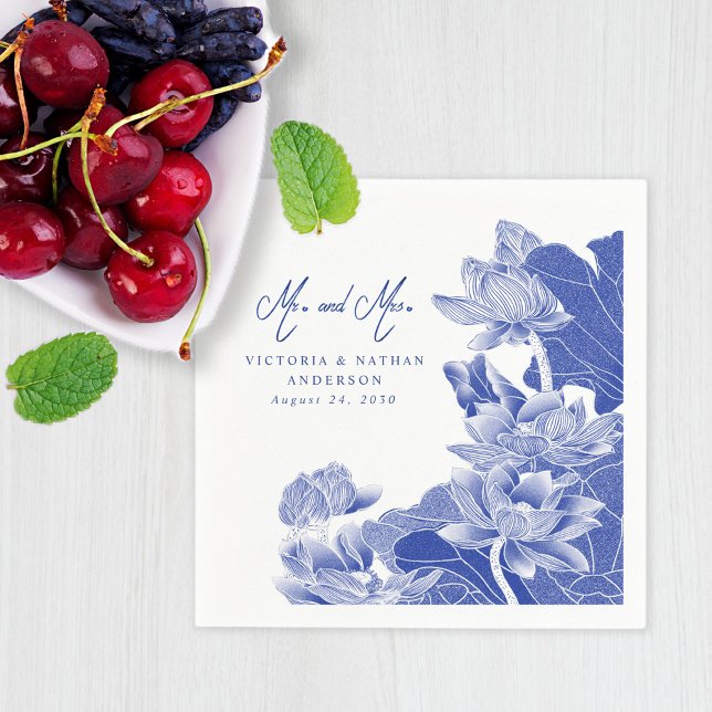 Elegant Blue White Chinoiserie Mr and Mrs Wedding Napkin (Creator Uploaded)