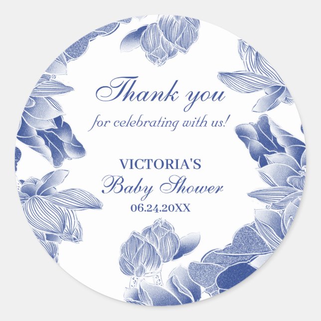 Elegant Blue White Chinoiserie Thank You Favour Classic Round Sticker (Front)